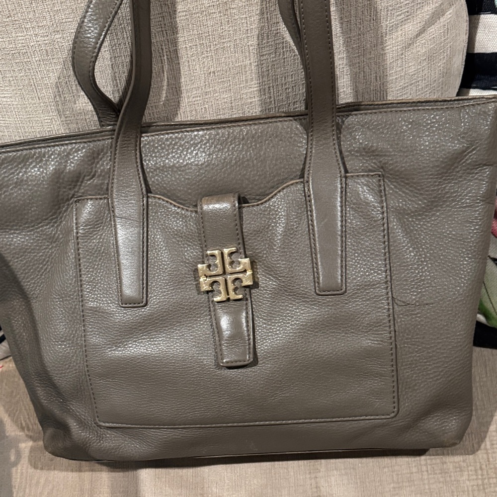 Tory Burch Taupe Leather Tote with Gold Logo Accent
